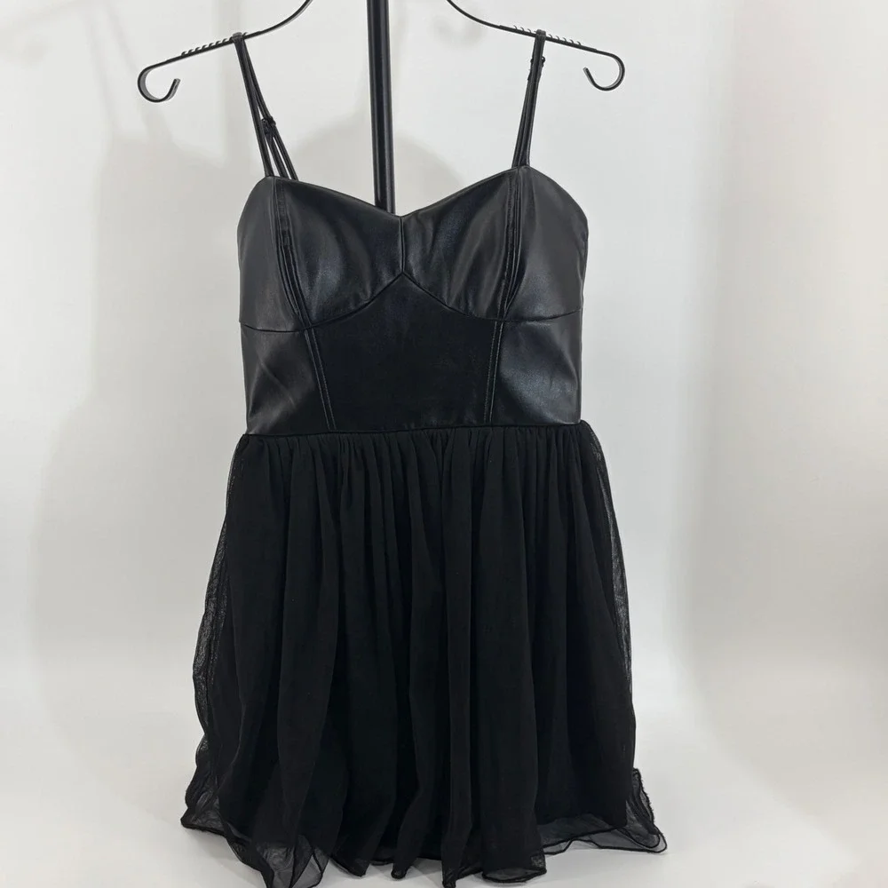 Speechless Womens Black Faux Leather Tulle Mini Dress Size 5 Bustier Fit & Flare